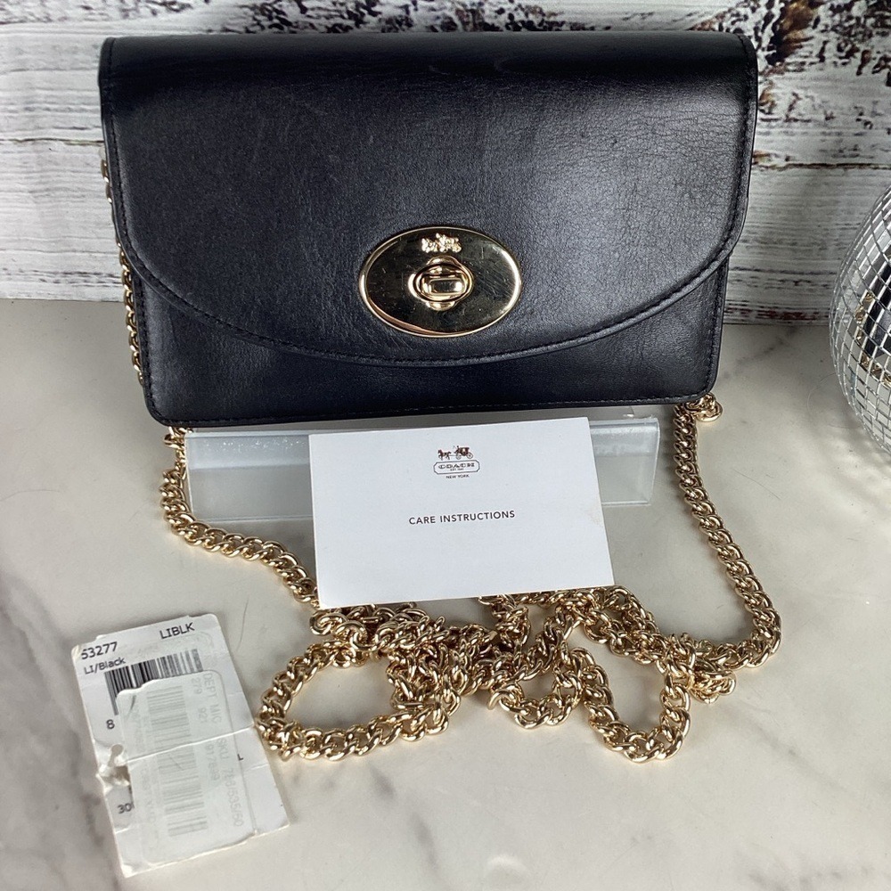 Coach #53277 Black Soft Leather Clutch Wallet with Gold Chain